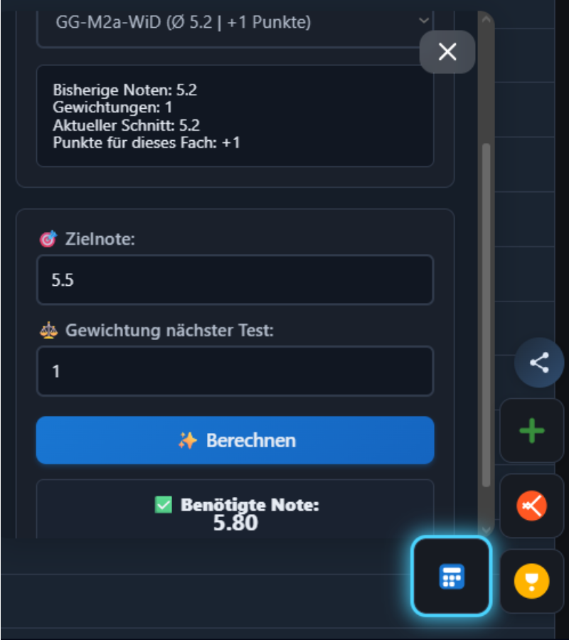 Notenrechner-Panel in Aktion