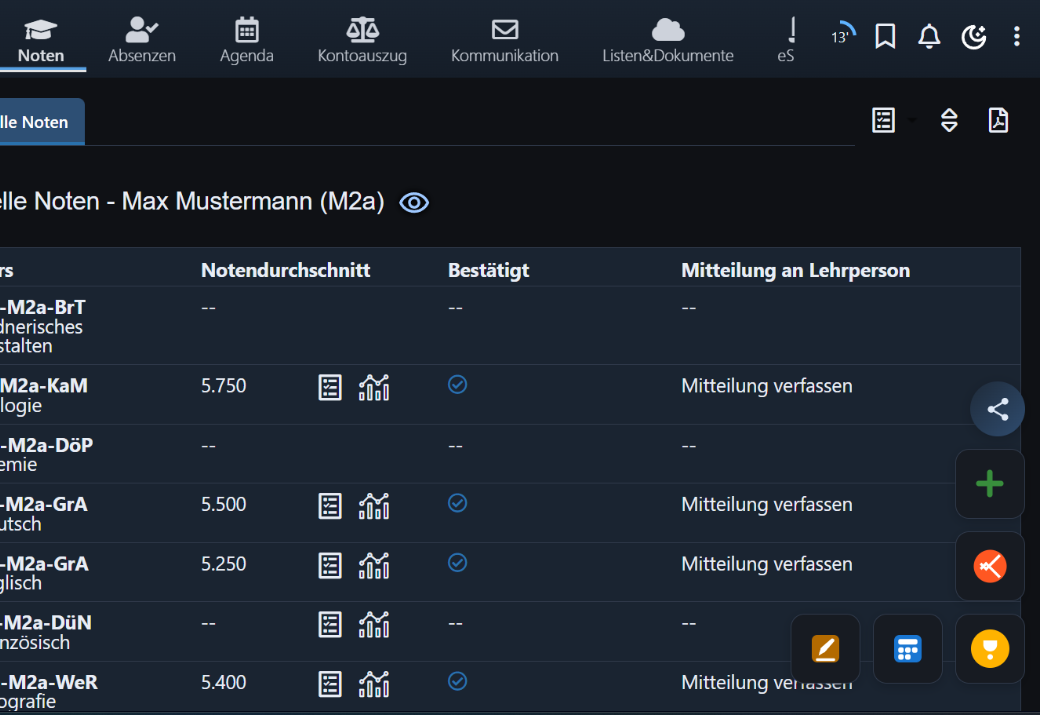 Panum Grades läuft auf schulNetz mit Dark Mode